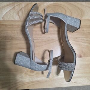 Nina Silver Glitter Block Heel Sandals with Rhinestone Straps